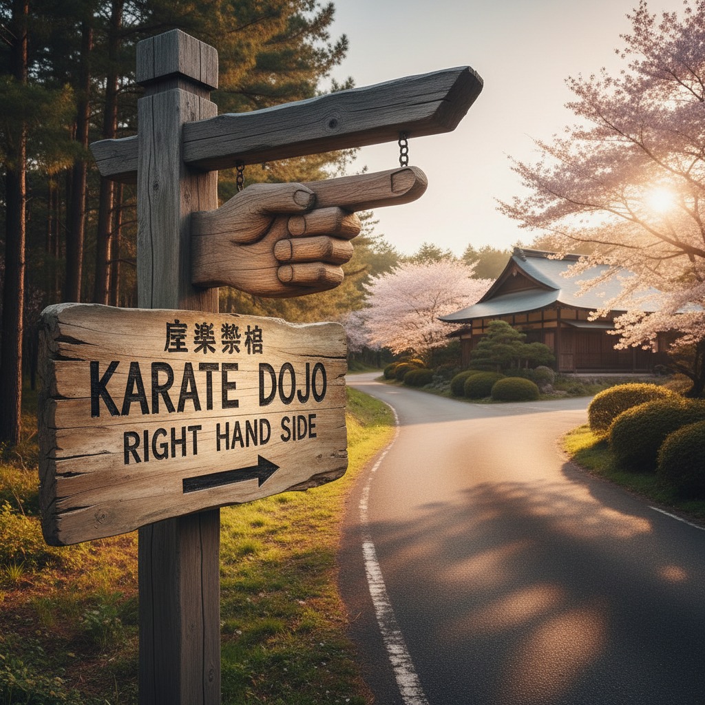 A wooden signpost with a hand-shaped pointer directs visitors toward a traditional Japanese dojo surrounded by cherry blossoms at sunset.